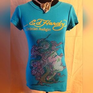 Ed Hardy Teal T-Shirt with Yellow and Multicolor Graphic